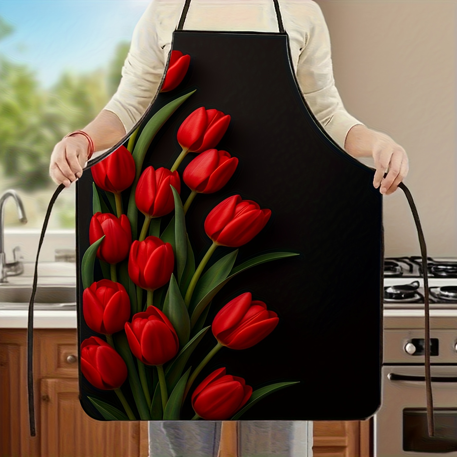 1pc Red Tulip Flower Apron Bla – Kitchen Baking Background Bewertung und Preis