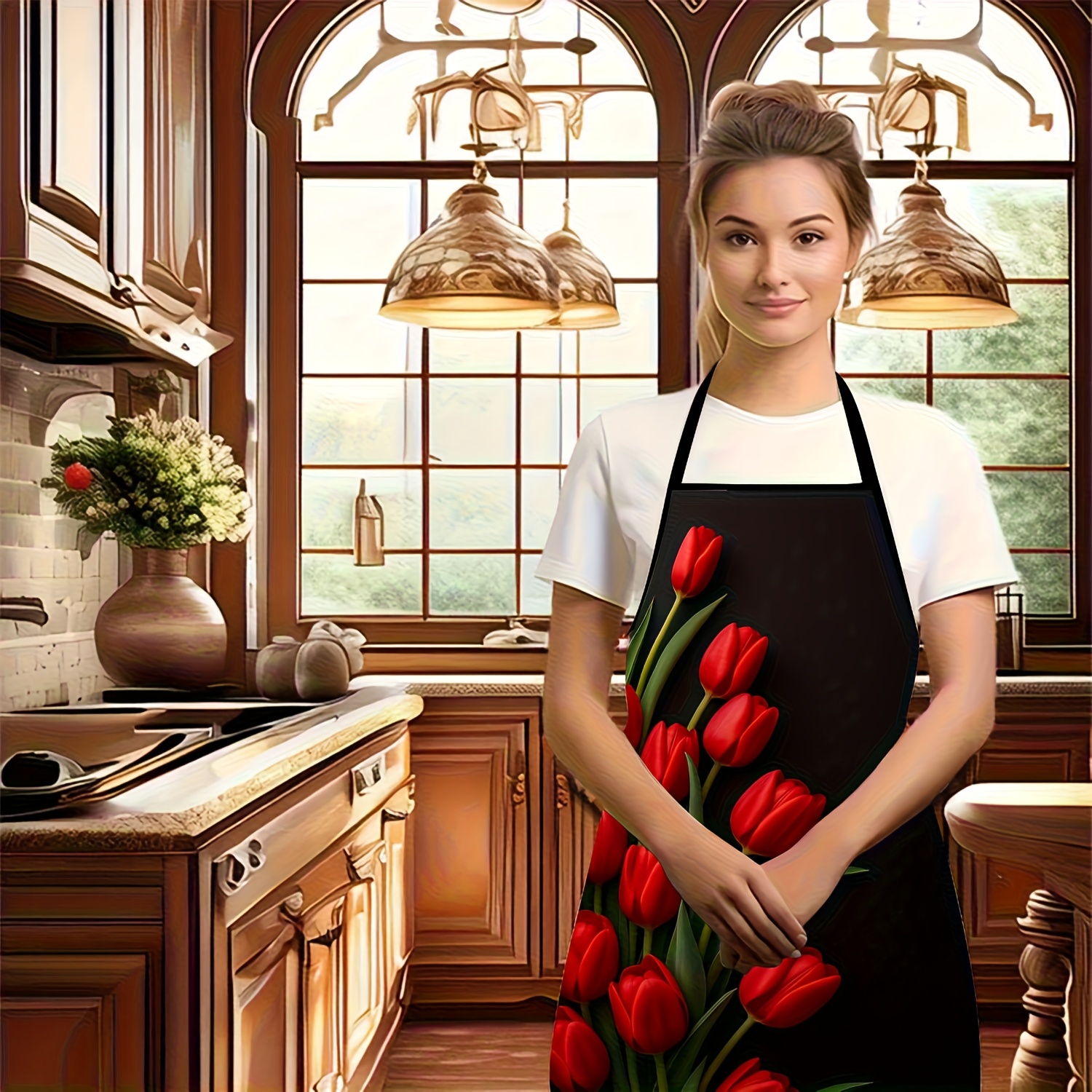 1pc Red Tulip Flower Apron Bla – Kitchen Baking Background Bewertung und Preis